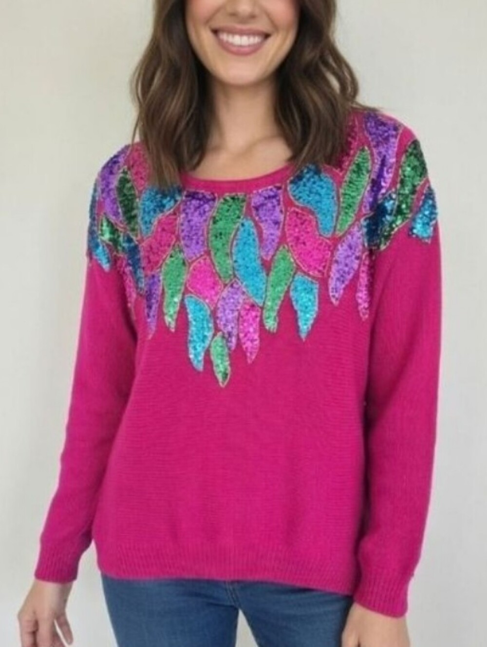 Victoria Jones Petite Magenta Knit Sweater with Vibrant Multicolor Sequins